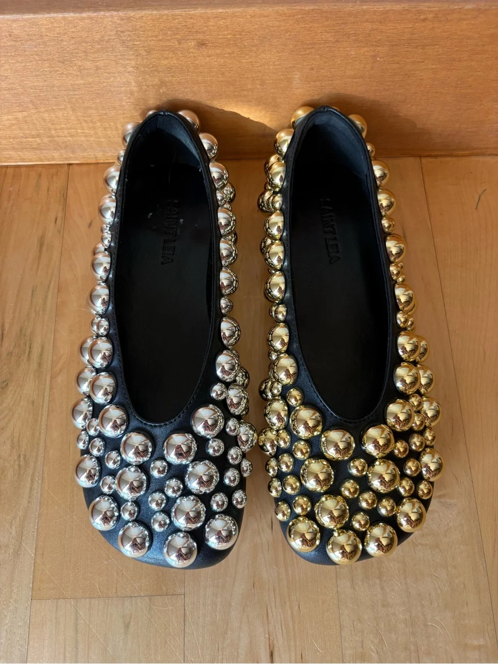 Saint Leia Women's Black Ballet Flats Shoes with Gold Silver Pearls